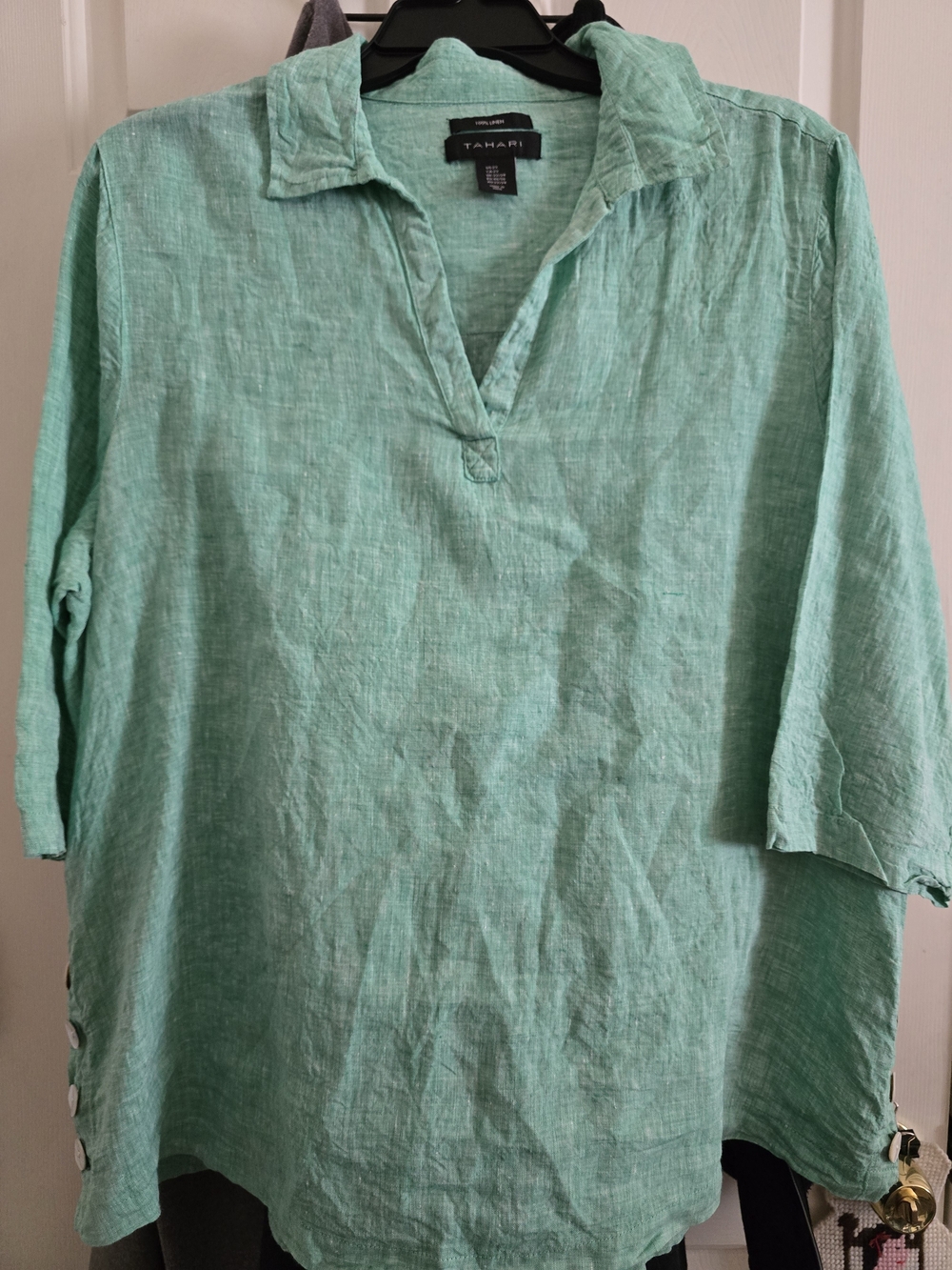 Tahari Women’s Mint Green Linen Split-Neck Tunic 2x